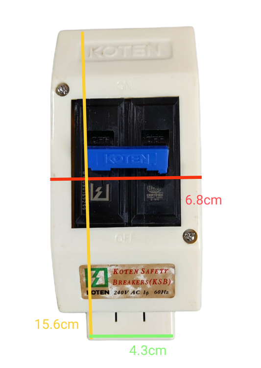 Koten 30A 2Pole Circuit Breaker with Enclosure measuring 15.6cm by 6.8cm for electrical safety
