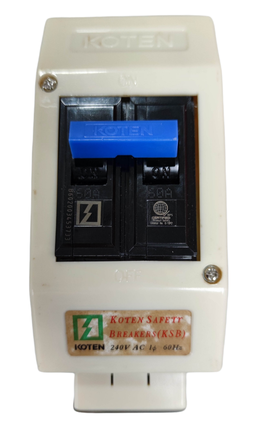 Koten 30A 2Pole Circuit Breaker with Enclosure in white casing and blue switch handle