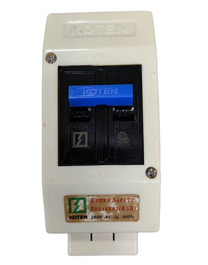 Koten 40A 2Pole Circuit Breaker with Enclosure in white casing with blue switch for electrical safety