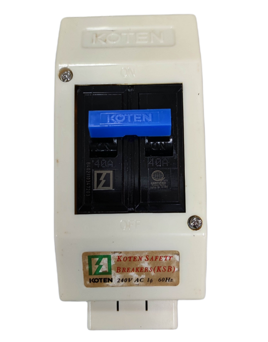 Koten 40A 2Pole Circuit Breaker with Enclosure in white casing with blue switch for electrical safety
