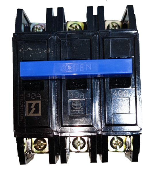 Koten 40A Circuit Breaker Bolt On 3 Phase black three pole breaker with blue handle and terminal screws