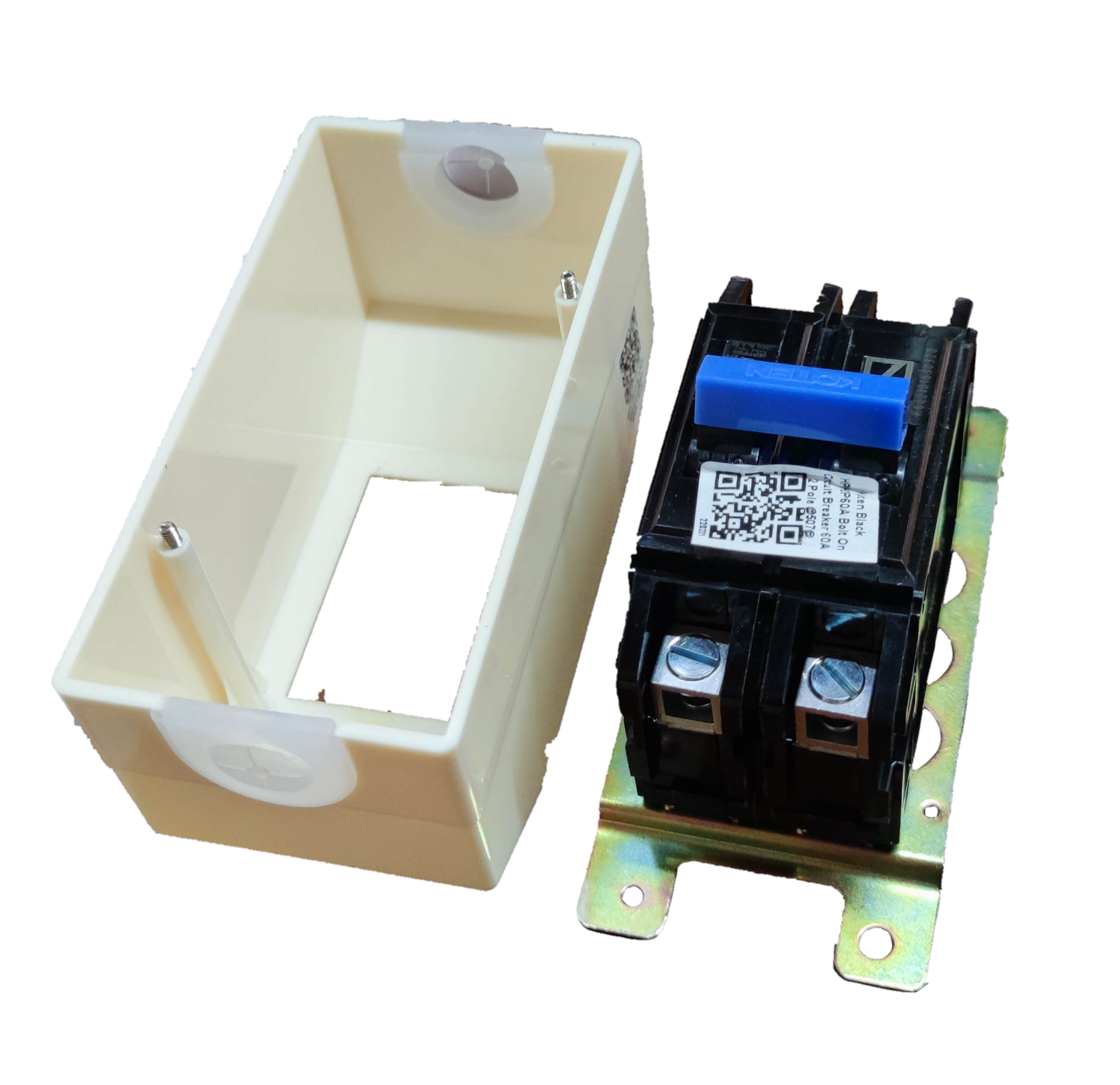 Koten 50A Breaker 250V 2P with Enclosure showing black two pole breaker mounted on metal base beside beige plastic housing
