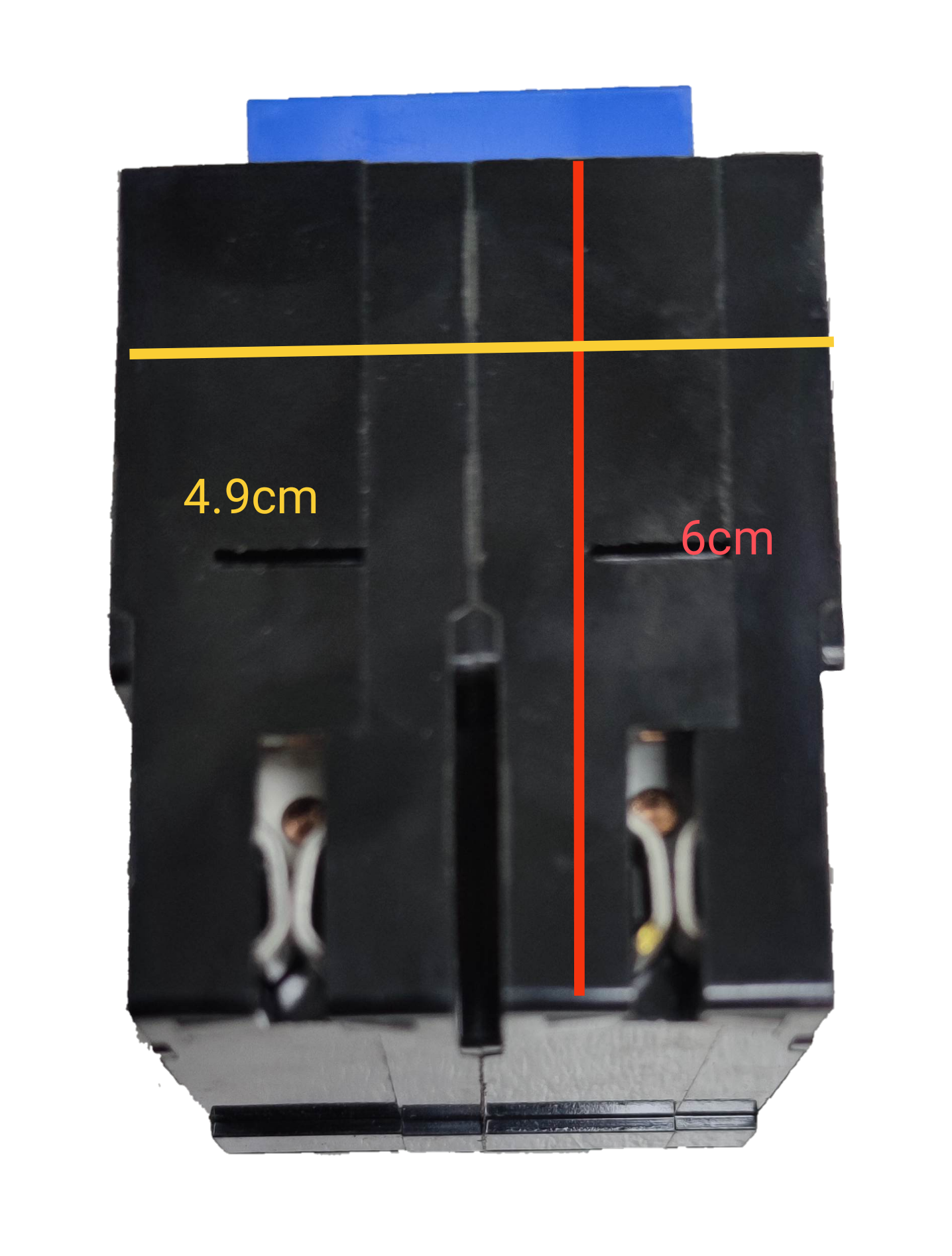 Koten 60A 2 pole circuit breaker with black casing and metal connectors showing dimensions