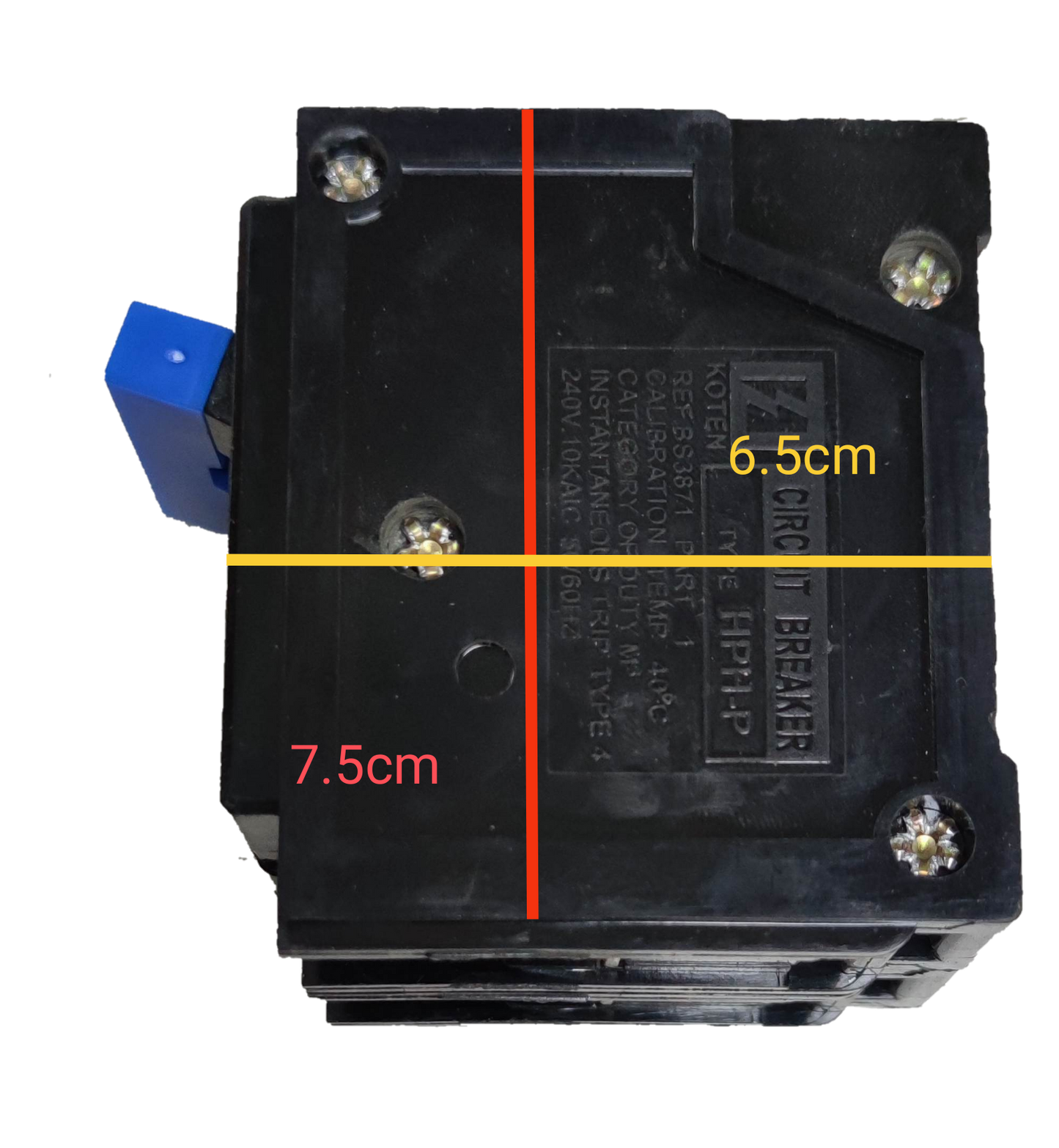 Koten 60A 2 pole circuit breaker black electrical component with blue switch and metal screws