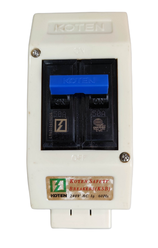 Koten 60A 2Pole Circuit Breaker with Enclosure featuring blue switch and safety labeling