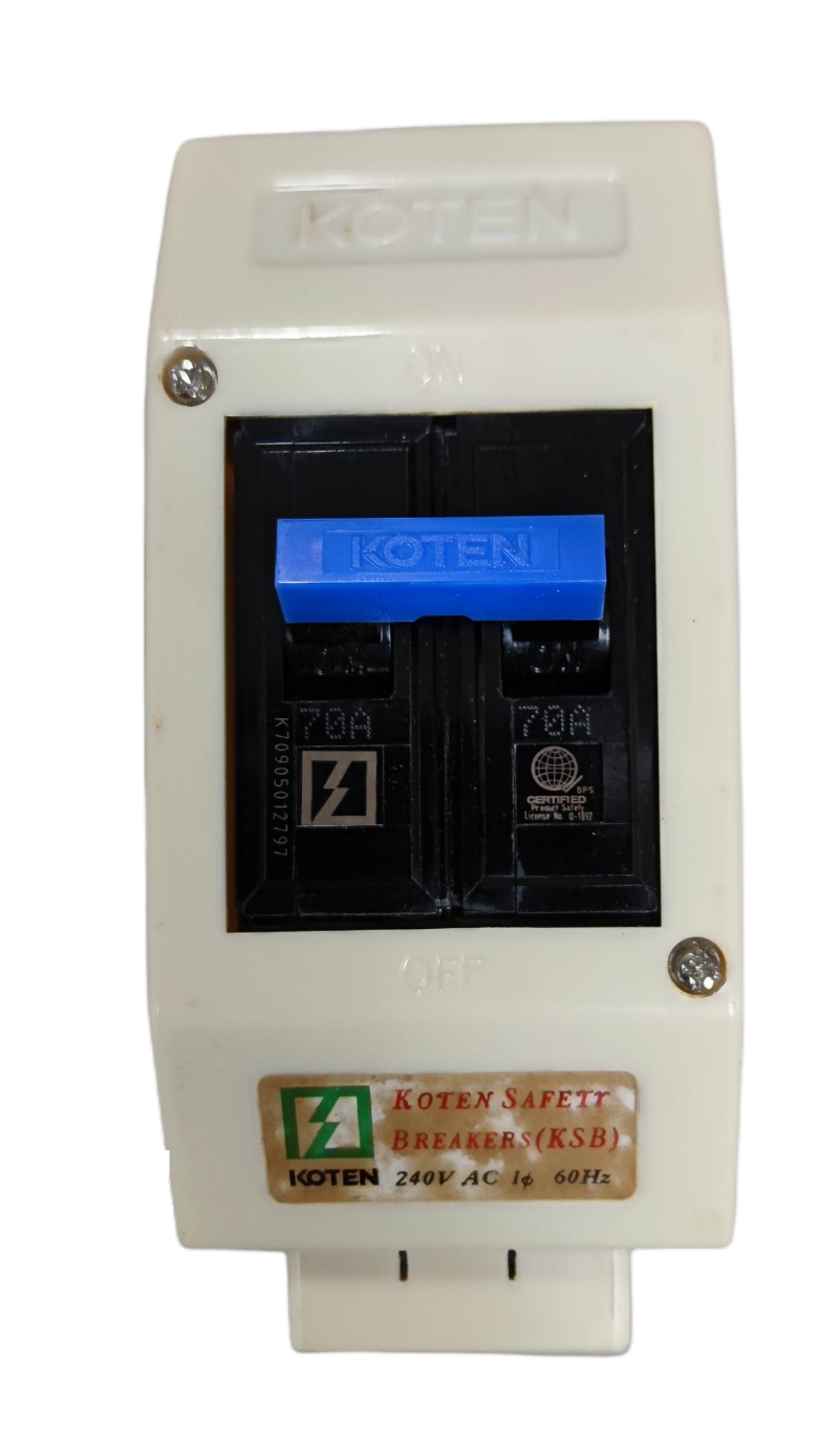 Koten 70A 2Pole Circuit Breaker with Enclosure in white with blue switch and safety labels
