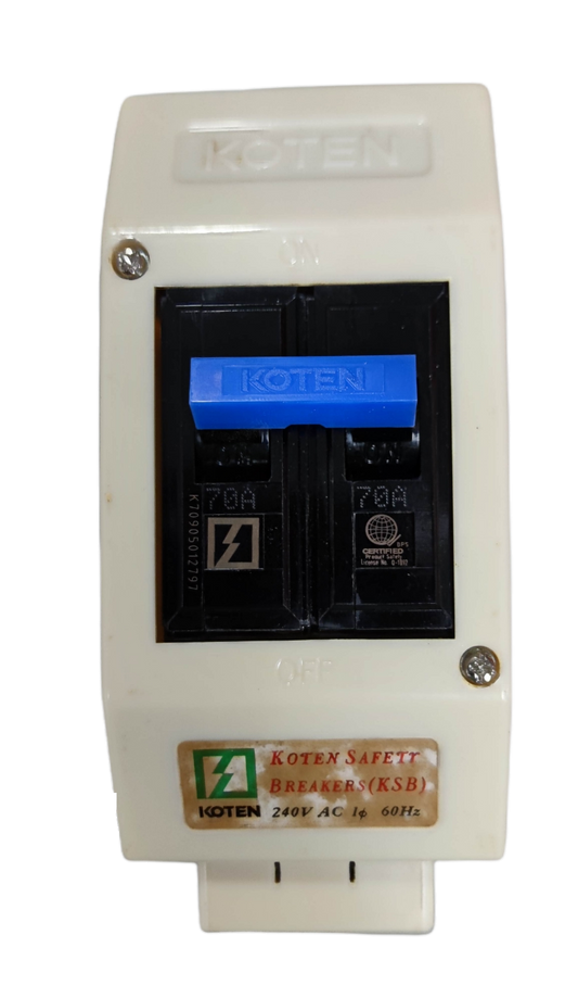 Koten 70A 2Pole Circuit Breaker with Enclosure in white with blue switch and safety labels