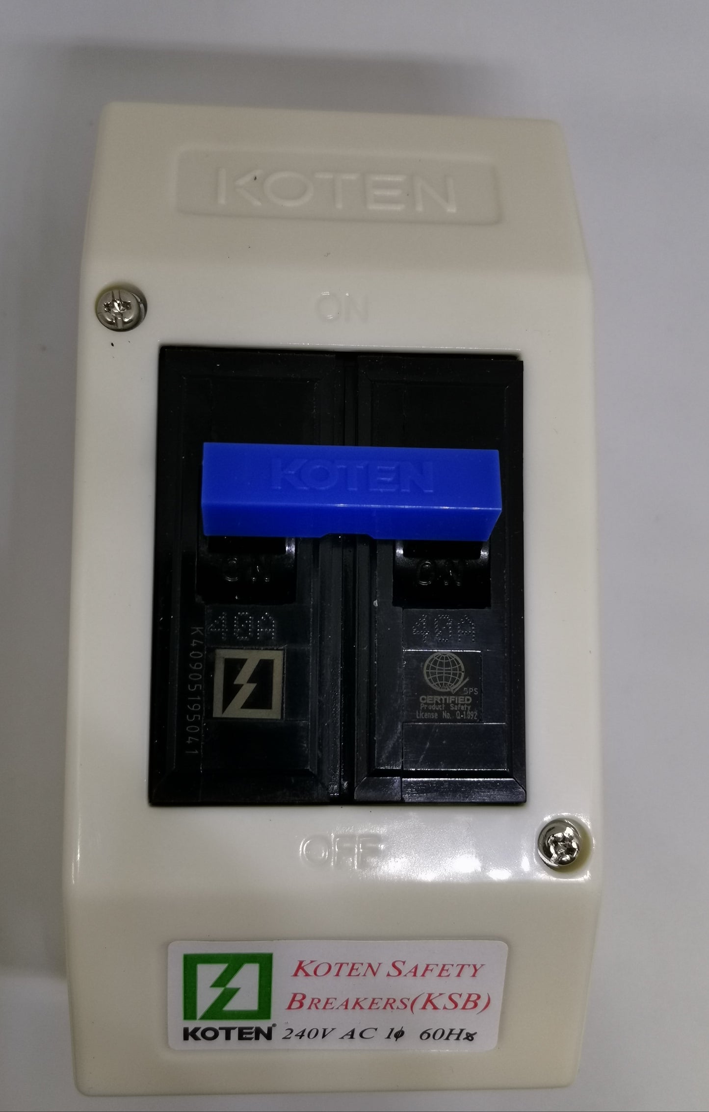 ECB KSB KSB40A2P 40A Circuit Breaker by Koten in white surface mount enclosure with blue toggle switch