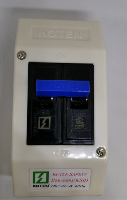 ECB KSB KSB40A2P 40A Circuit Breaker by Koten in white surface mount enclosure with blue toggle switch