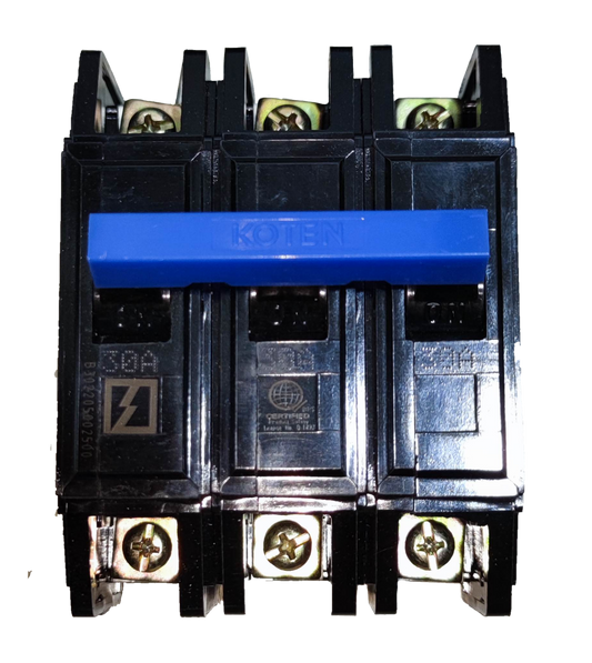 Koten 30A 3 Phase Circuit Breaker black three pole industrial breaker with blue handle and screw terminals