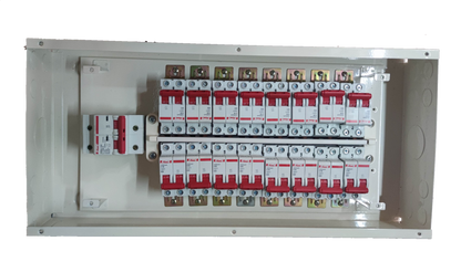 Electx panel board for miniature circuit breaker with multiple red toggle MCBs in white metal enclosure for distribution