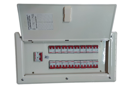 Electx Electrical Supply white metal panel board for miniature circuit breaker with two rows of red MCBs and hinged cover