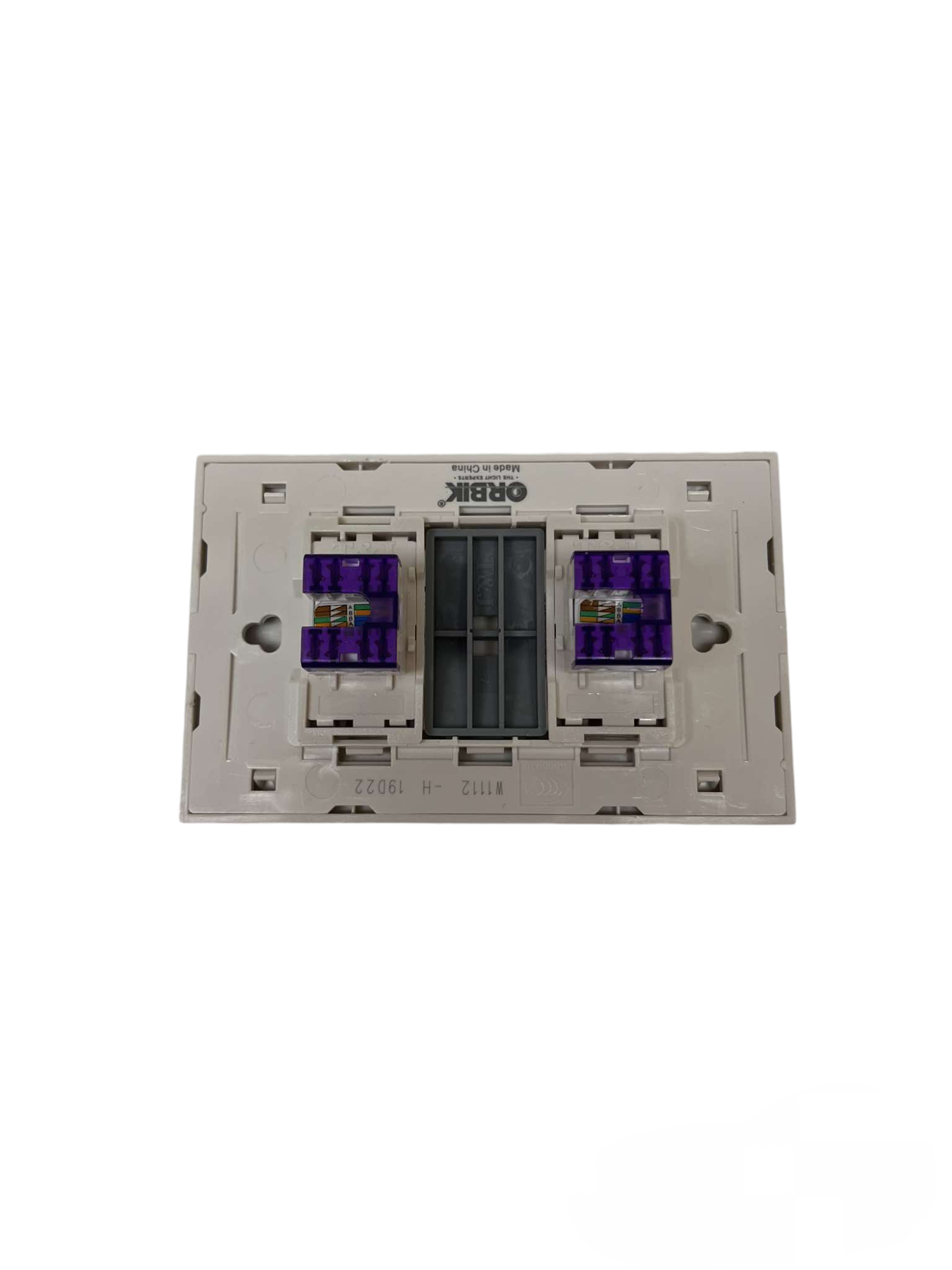 T&J LAN Outlet with Plate Cat6 Outlet showing dual purple connectors for network cables