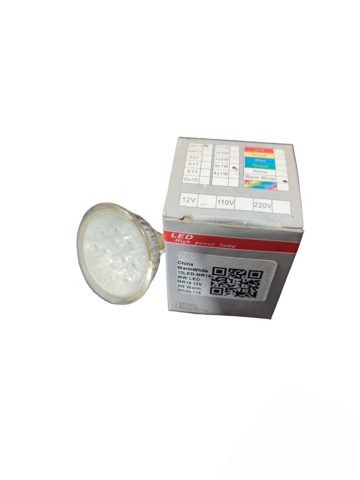 Ling Feng 1W LED MR16 12LEDS GU5.3 12V bulb next to its packaging box