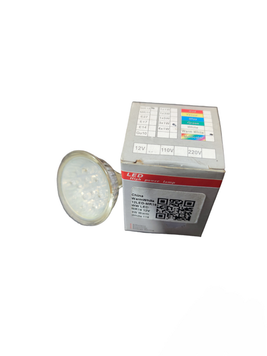 Ling Feng 1W LED MR16 12LEDS GU5.3 12V bulb next to its packaging box