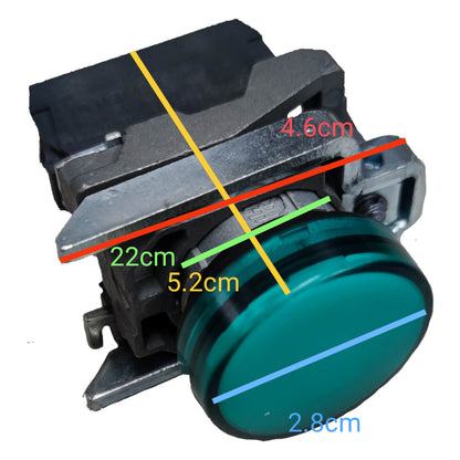 Schneider LED Pilot Lamp 22mm 220V with a green lens and detailed dimensions for installation