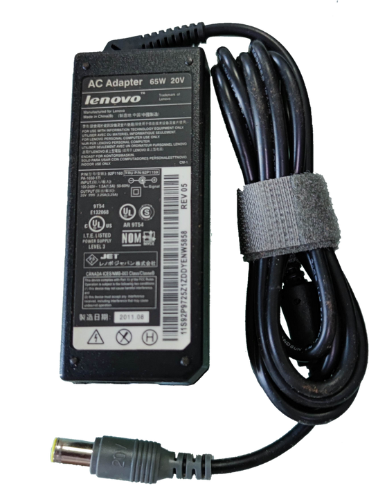 Lenovo Laptop Adaptor 20V DC 3.25A with black power cord and AC adapter unit