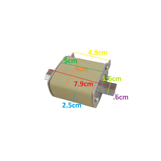 Lindner 160A NH00 fuse beige rectangular body with metal end caps and labeled dimensions