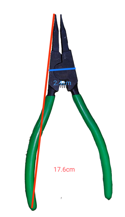Lobster Snap Ring Plier External Straight green handles 17.6 cm length 2.4 cm jaw width on black background