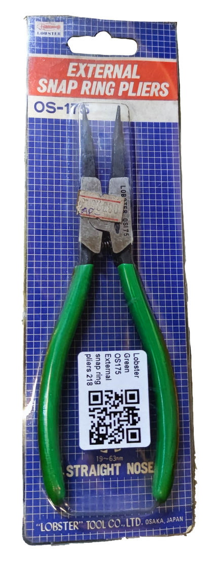 Lobster Snap Ring Plier External Straight with green handles and straight nose in retail packaging