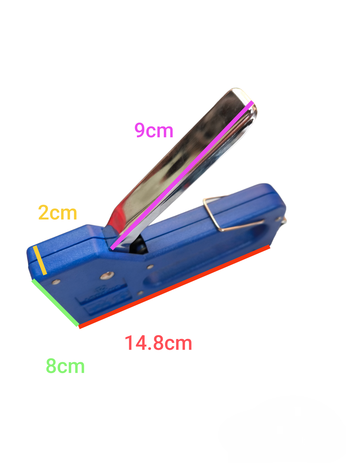 Compact blue staple gun with metal handle measuring 14.8cm by 8cm and 9cm handle length
