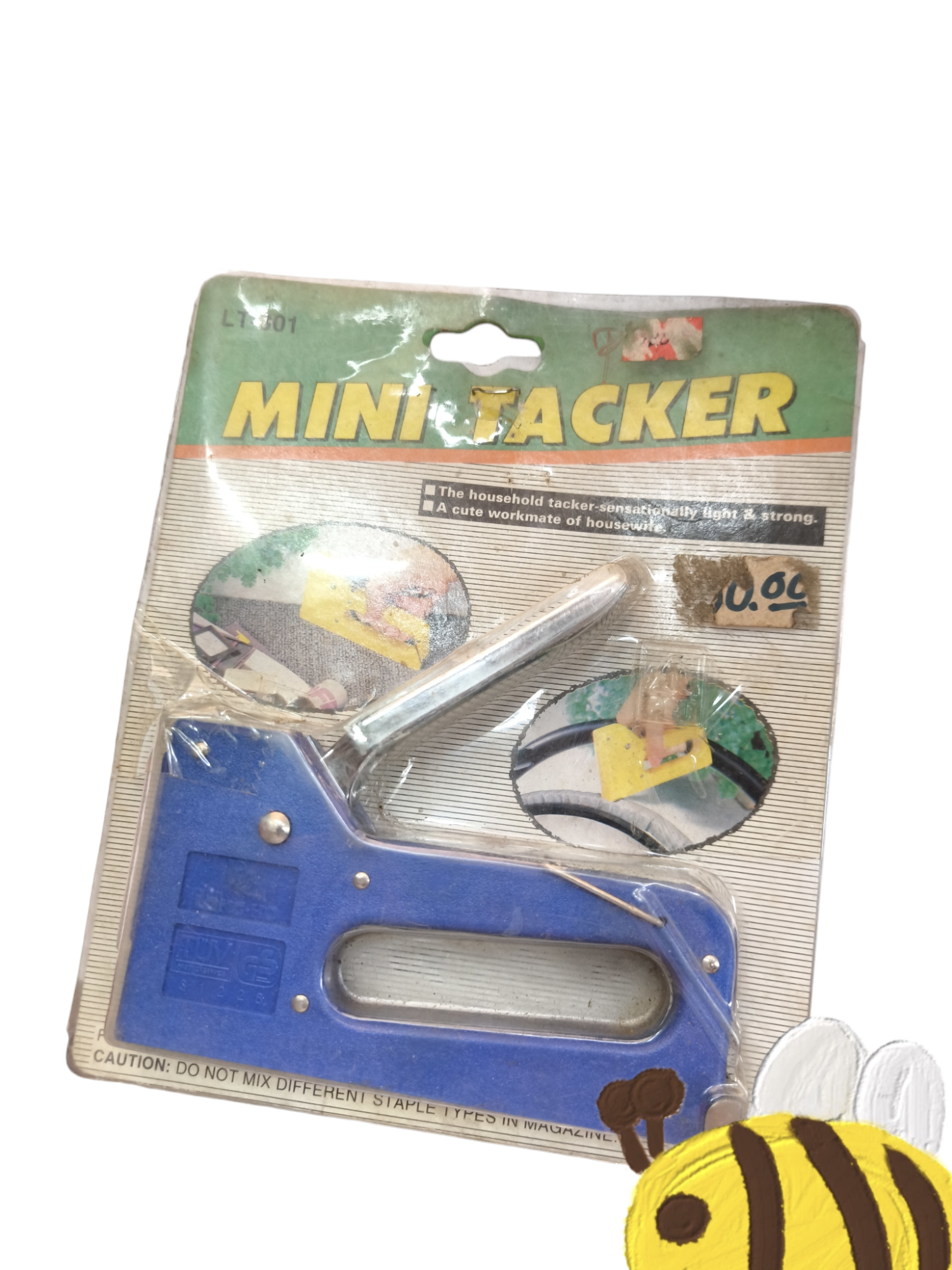 Blue mini staple gun in original packaging from China for household stapling tasks