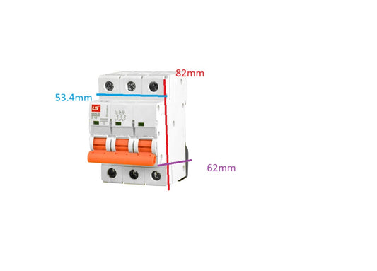 LS 40A Miniature Breaker 3P 3 Pole 230V white three pole circuit breaker with orange switches and dimension labels