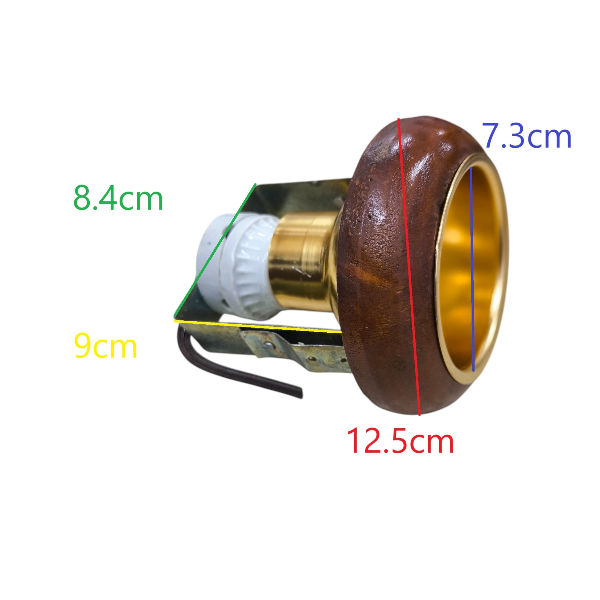 Local 3.5 inch wooden downlight fixture with brass interior trim and adjustable metal mounting bracket