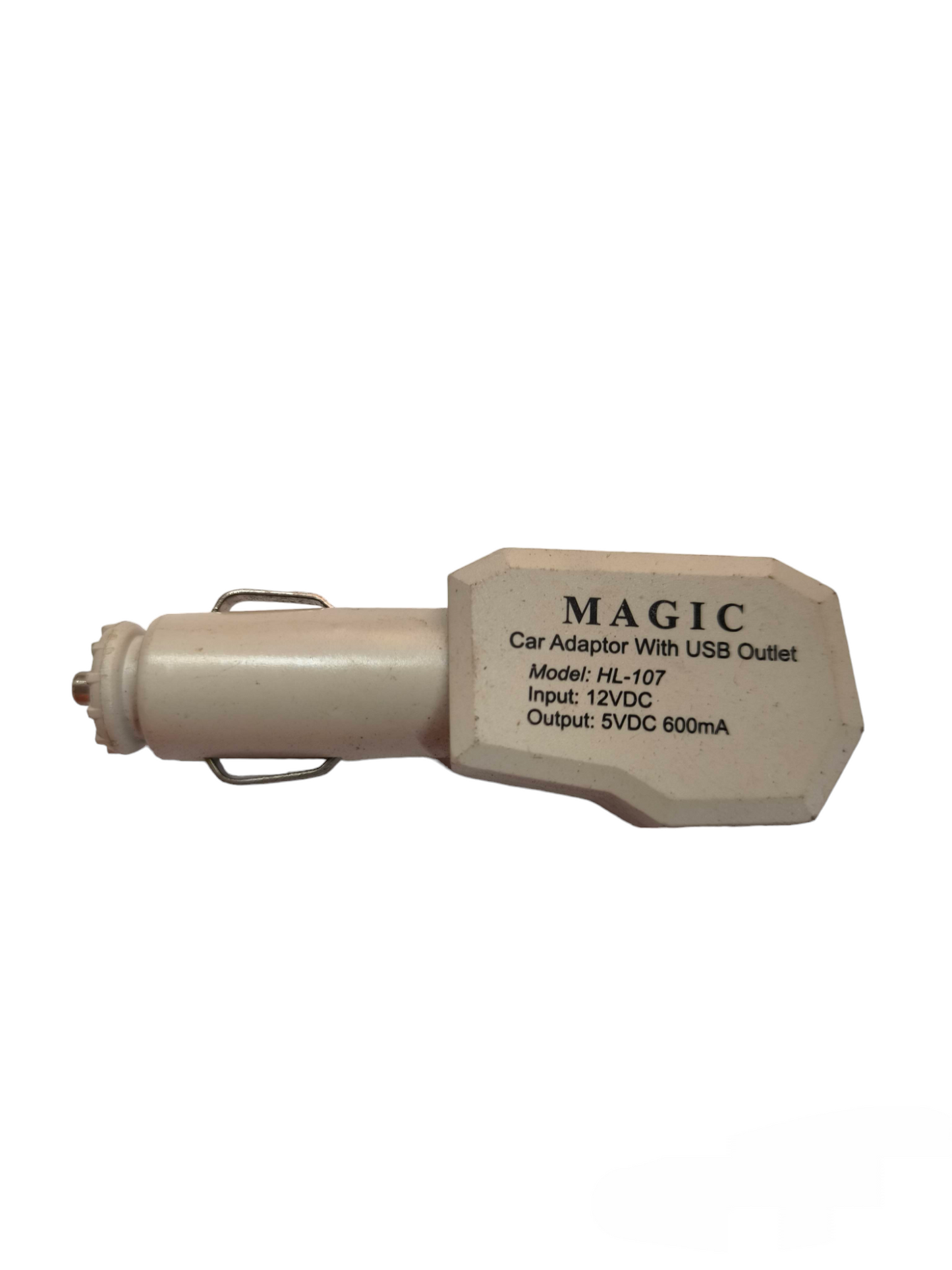 Magic branded Car Adaptor USB 600Ma white car charger with USB outlet and 5V 600mA output