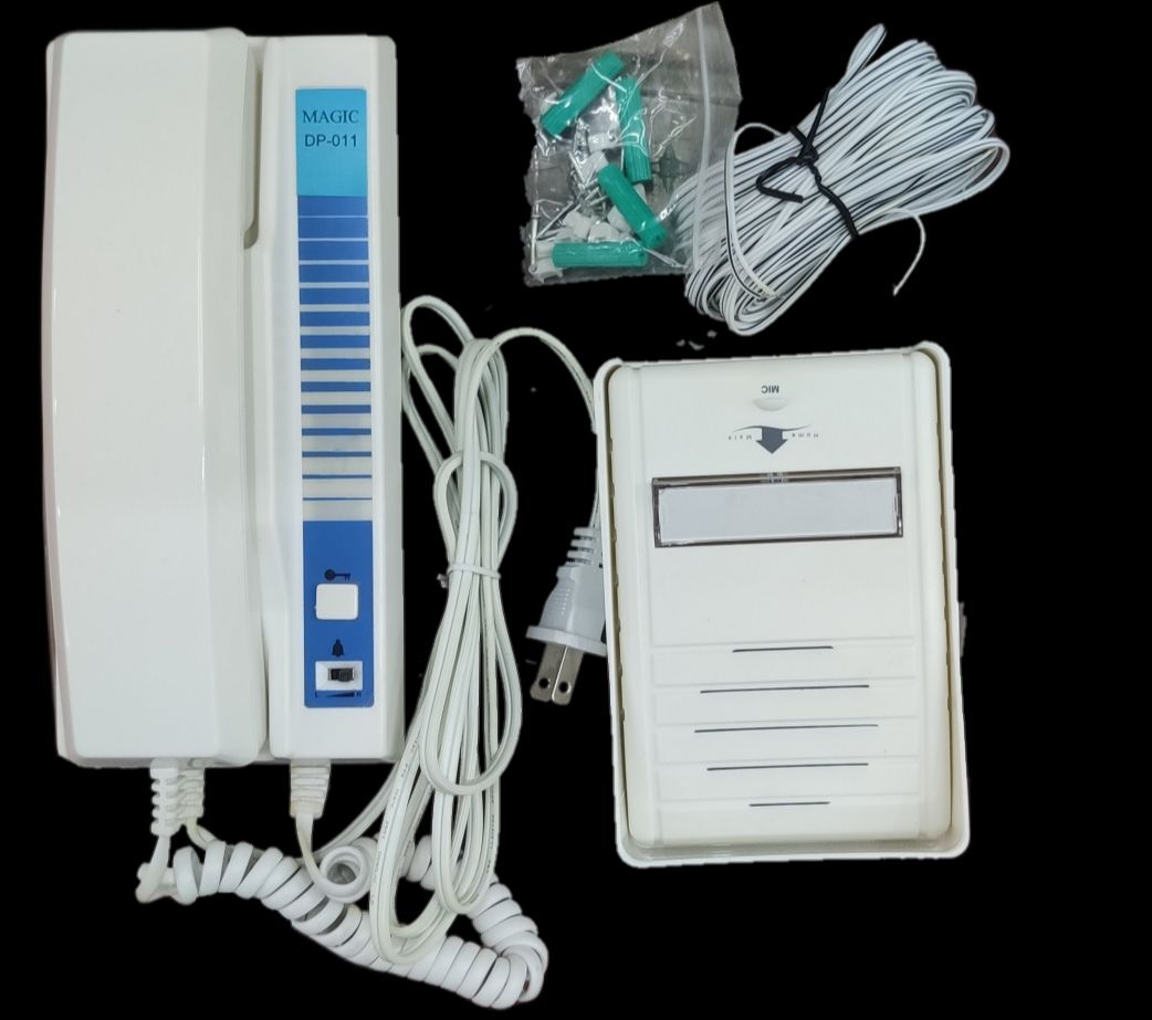 Magic Door Intercom System 220V with white handset, door unit, and installation accessories