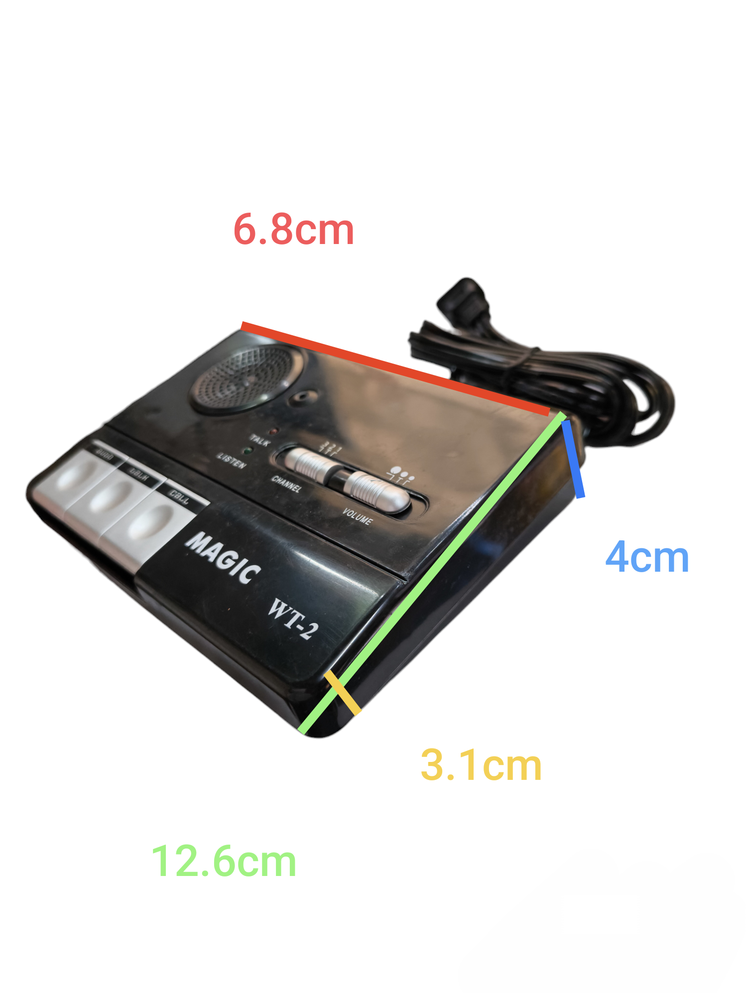 Magic FM WT-2 wireless intercom device with speaker, control switches, and power cord for communication