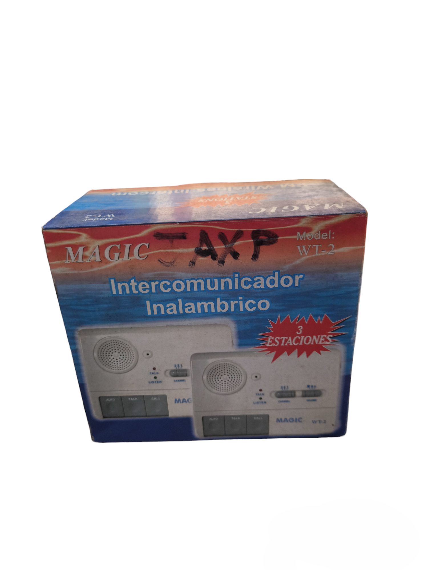 Magic FM WT-2 wireless intercom system box showing two white intercom units for communication