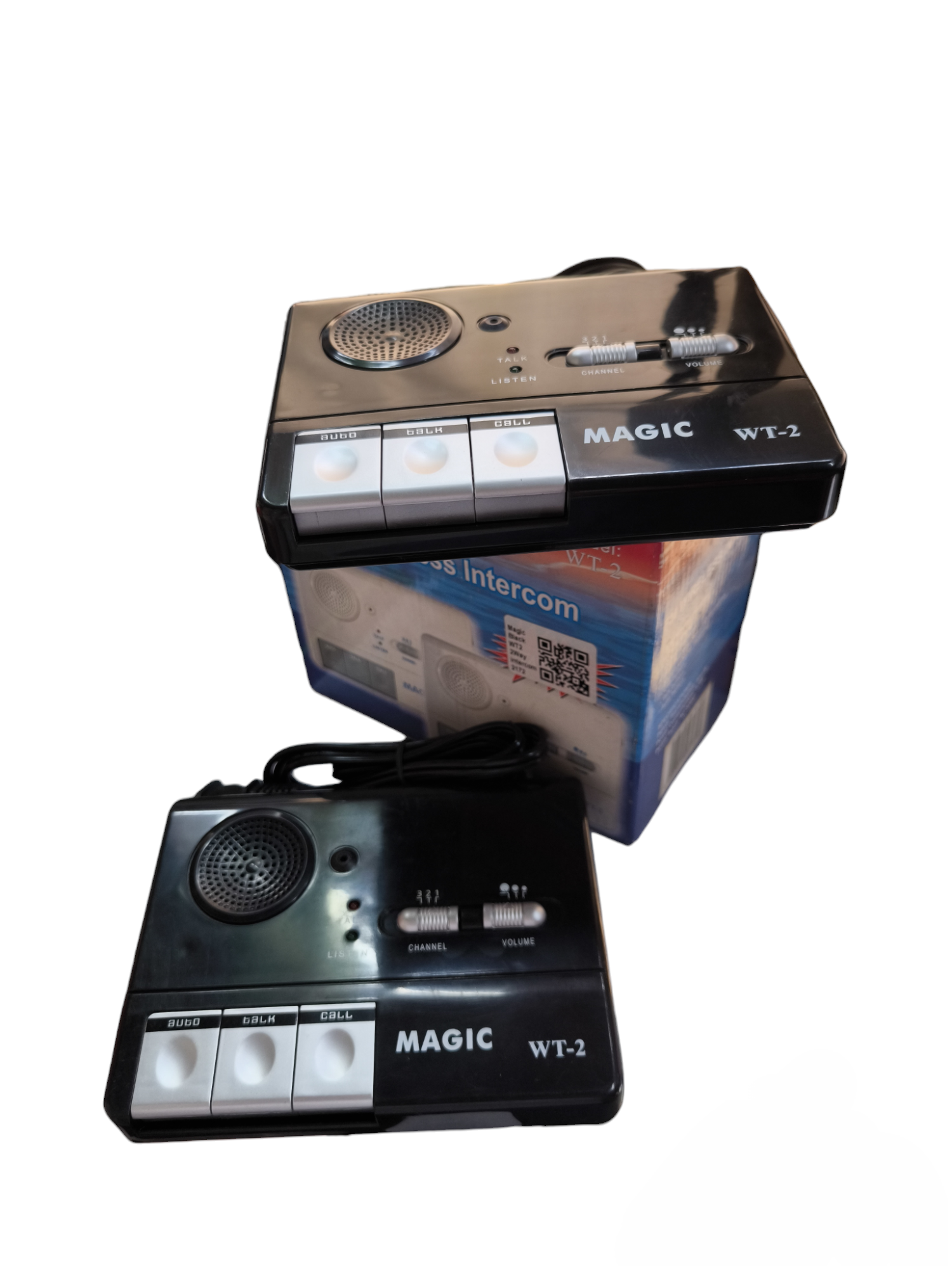 Magic FM WT-2 wireless intercom set with black units featuring speaker, volume and channel controls