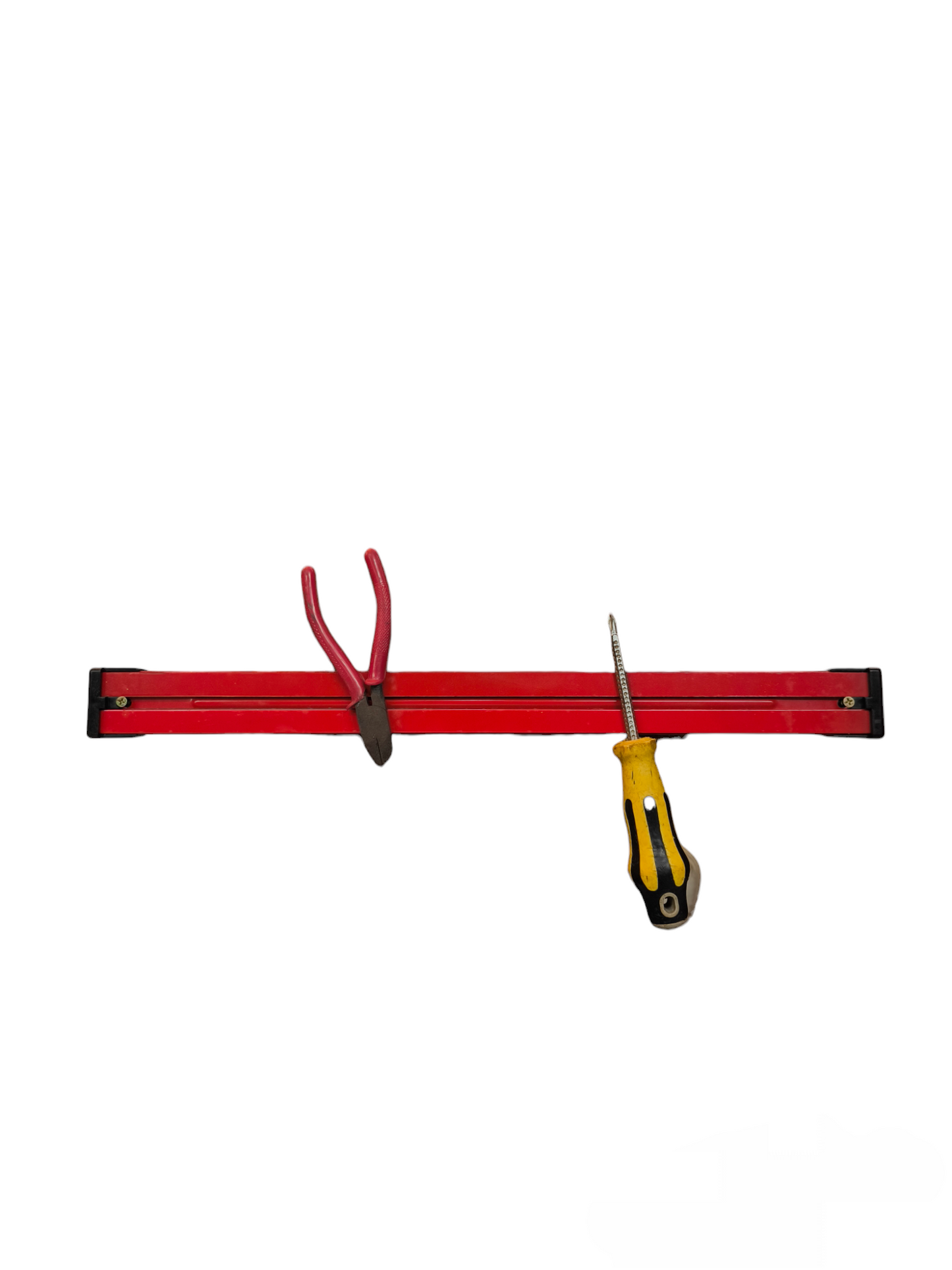 Red space saver tool organizer bar holding a pair of pliers and a yellow screwdriver