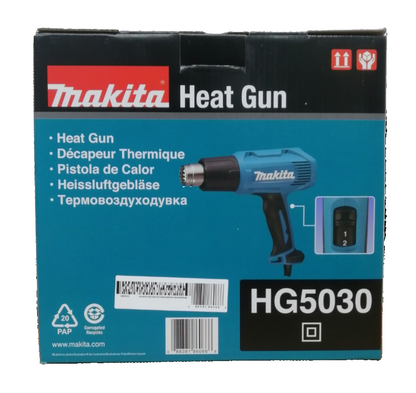 Makita 1600Watts Heat Gun 220-240Volts HG5030 in blue with dual temperature settings on retail box