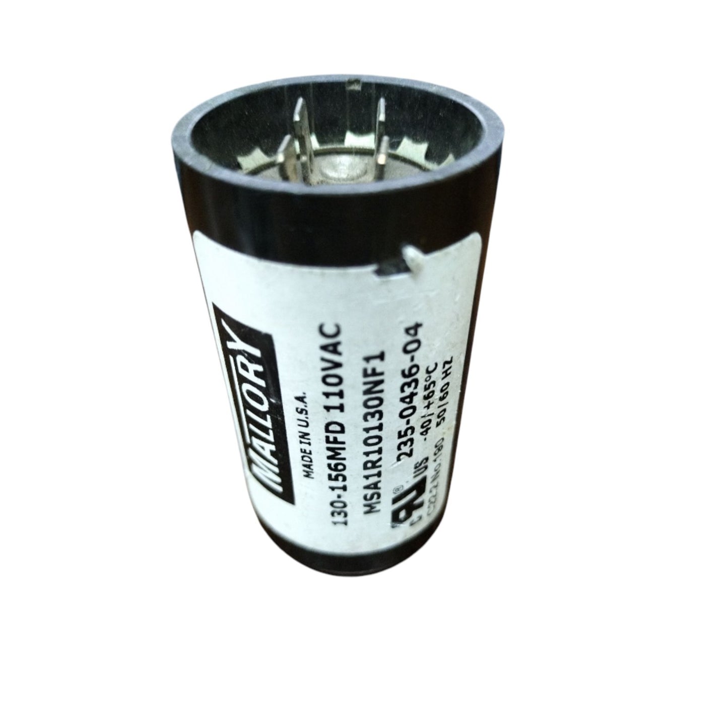 Mallory 130-156 uf 110V AC start capacitor with multiple connection terminals for electrical applications