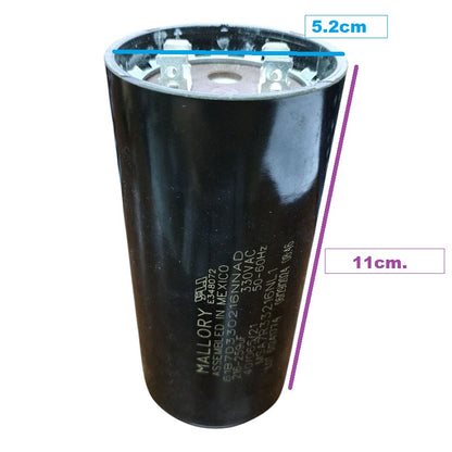 Mallory 216-259MFD 330V AC Capacitor with a height of 11cm and diameter of 5.2cm