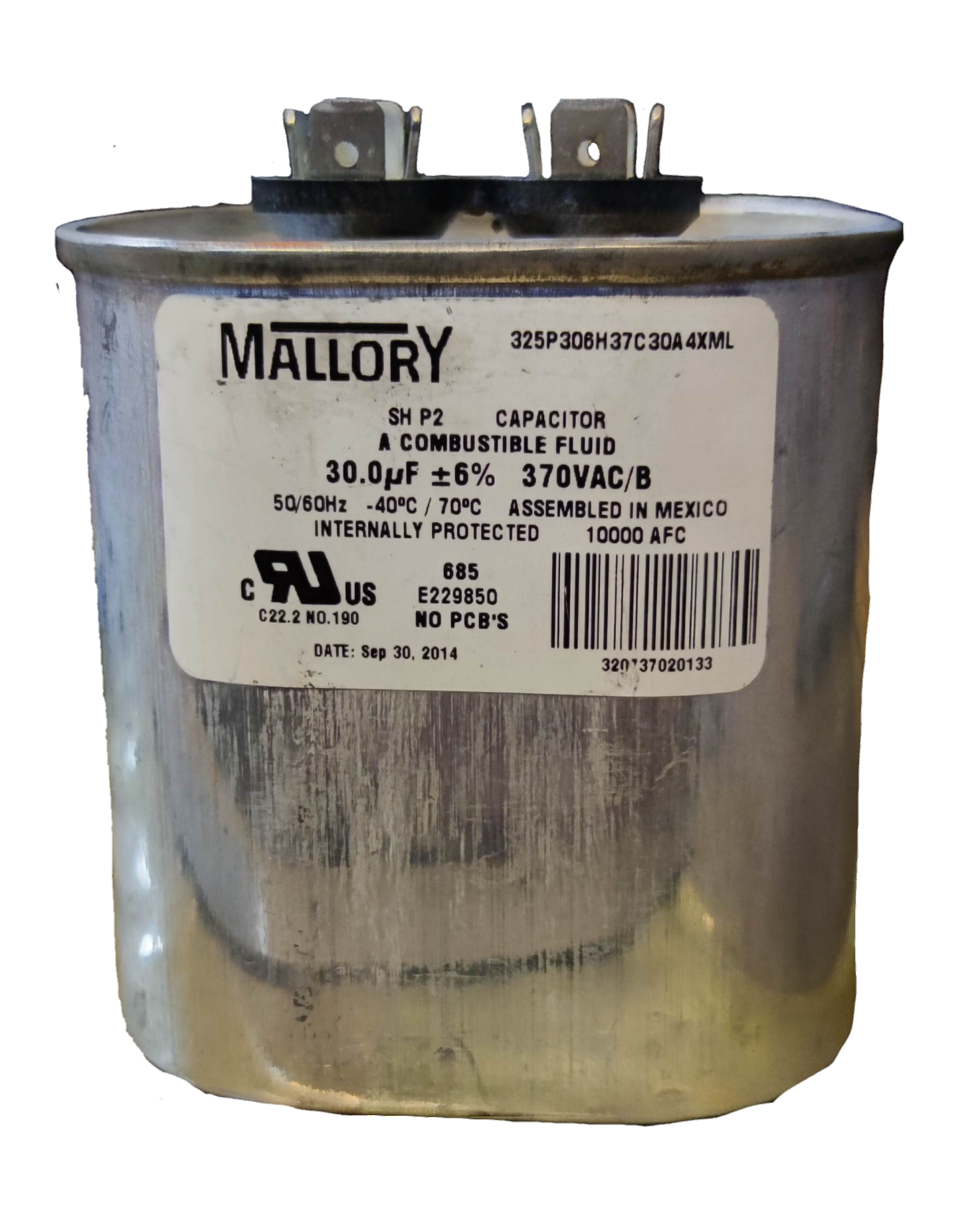 Mallory 30uF 370V AC capacitor with metal casing and specifications label for electrical circuitry