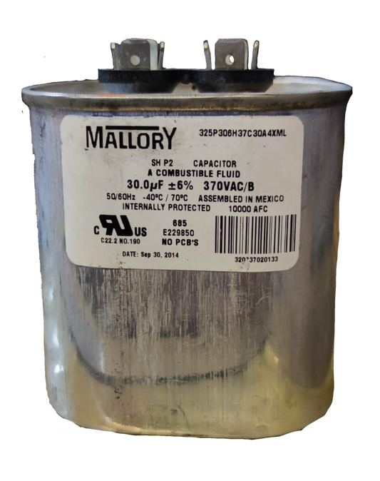 Mallory 30uF 370V AC capacitor with metal casing and specifications label for electrical circuitry