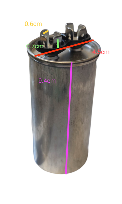 Mallory 40uF 370VAC capacitor with metal casing and connection terminals for electrical applications