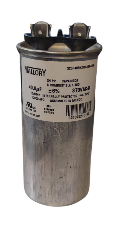 Mallory 40uF 370VAC capacitor for electrical applications with robust design and durable casing