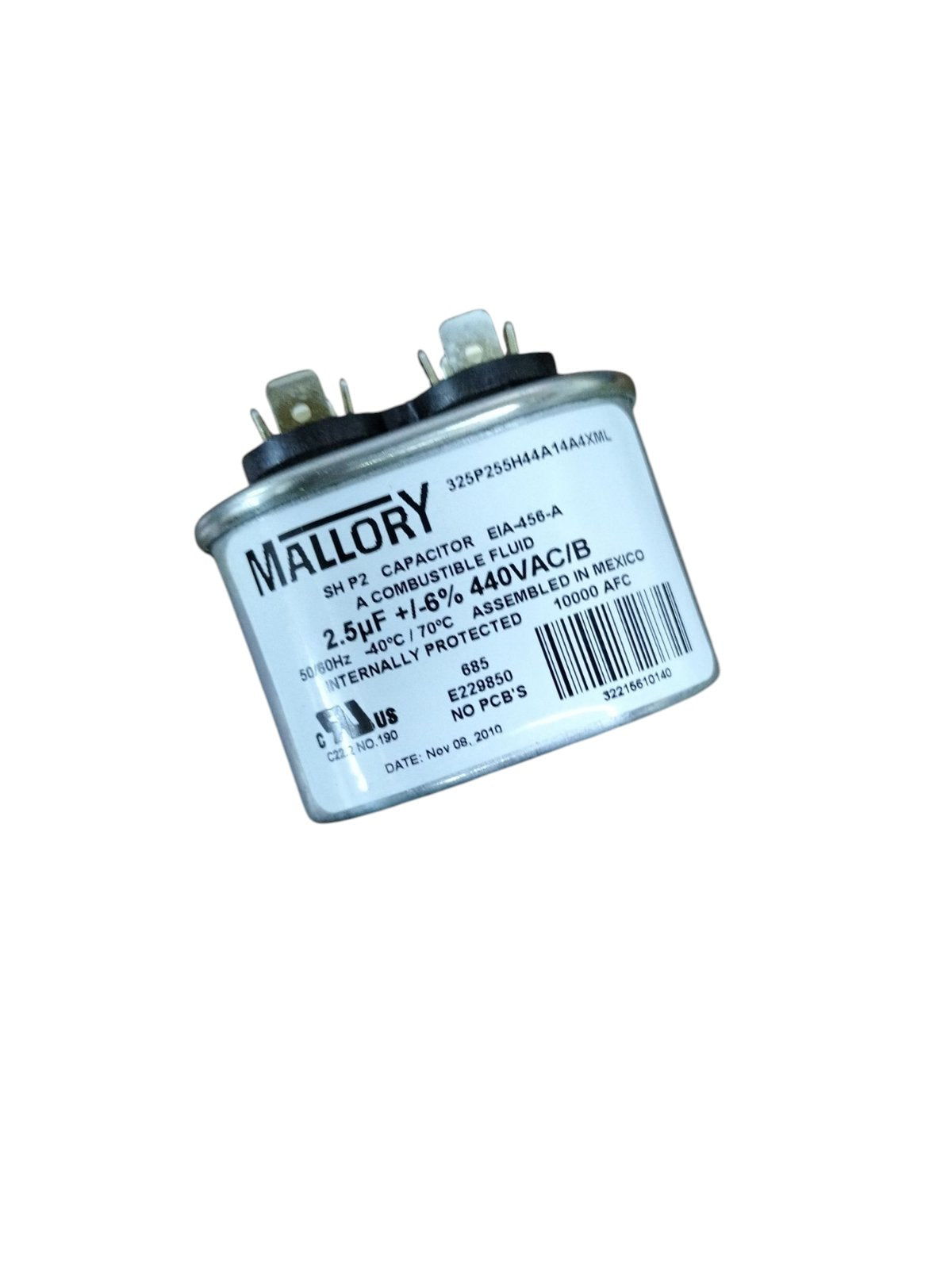 Mallory 440V running capacitor with 2.5 microfarads and dual terminals for electrical applications