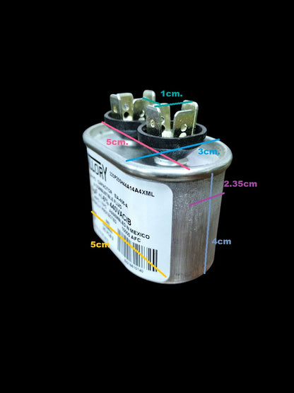 Mallory 440V running capacitor with metal casing and multiple terminal connections for electrical applications