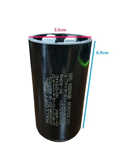 Mallory Motor Capacitor black cylindrical electrical component with voltage and frequency specifications