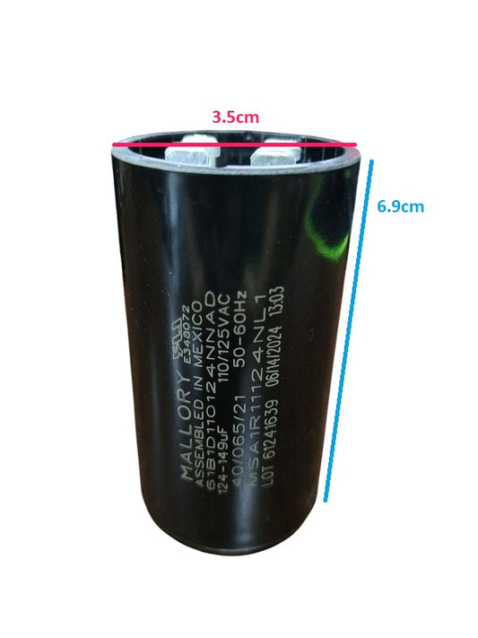 Mallory Motor Capacitor black cylindrical electrical component with voltage and frequency specifications