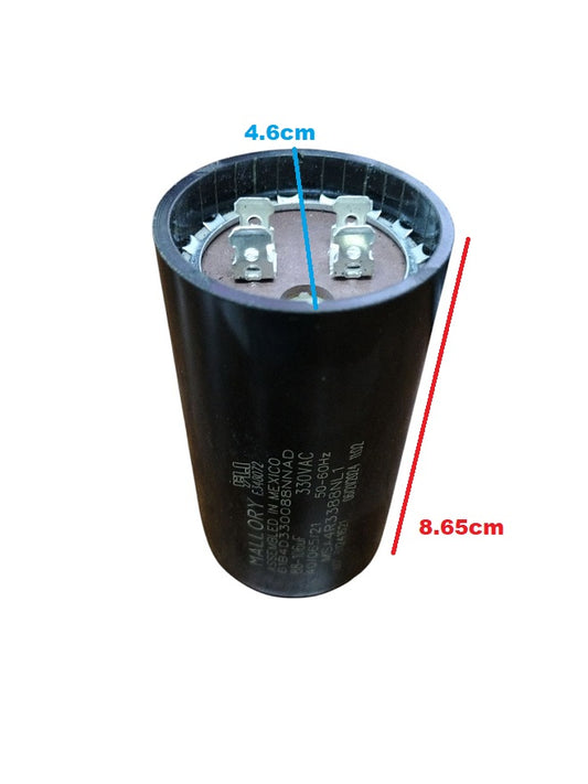 Mallory black cylindrical motor capacitor with labeled dimensions 4.6 cm diameter and 8.65 cm height