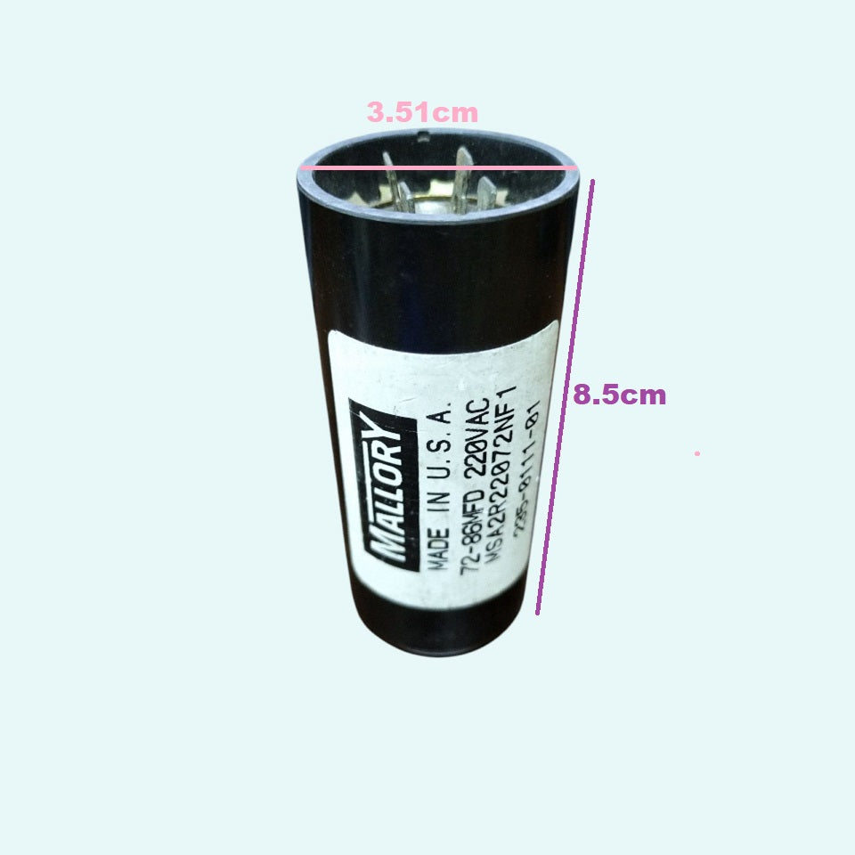 Mallory Starting Capacitor 72-86MFD for electrical applications, measuring 3.5cm diameter and 8.5cm height