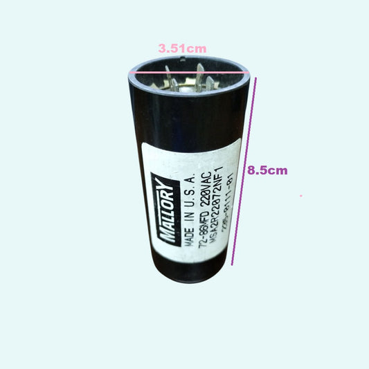 Mallory Starting Capacitor 72-86MFD for electrical applications, measuring 3.5cm diameter and 8.5cm height