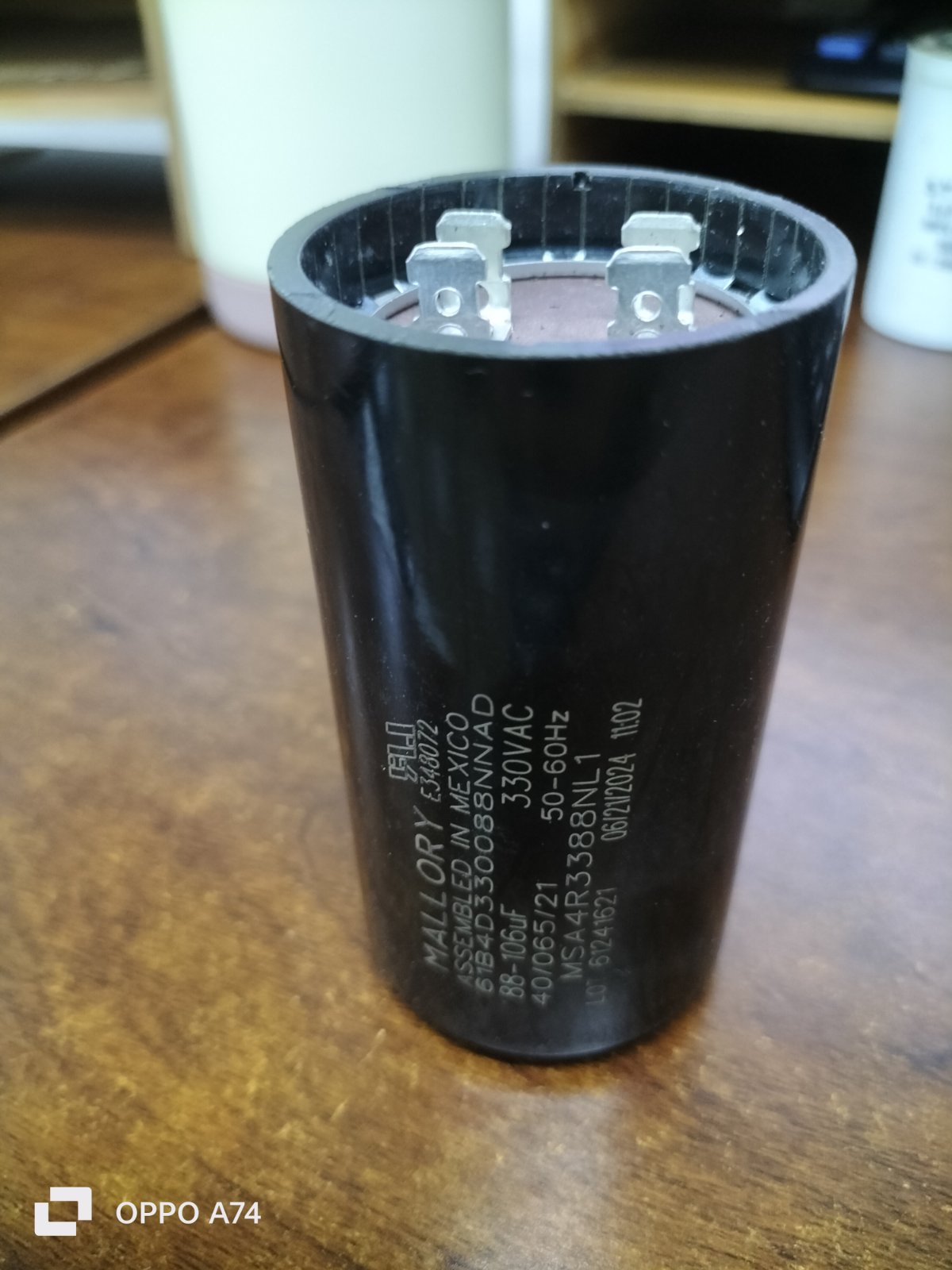 Mallory Starting Capacitor 88 to 106UF 330V with two terminal connections for electrical applications