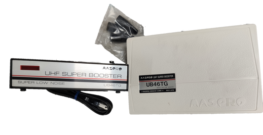 MASPRO UHF Super Booster with compact design, low noise, and accessories for improved TV signal reception